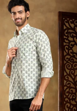 Block Printed Cotton Shirt in Off White