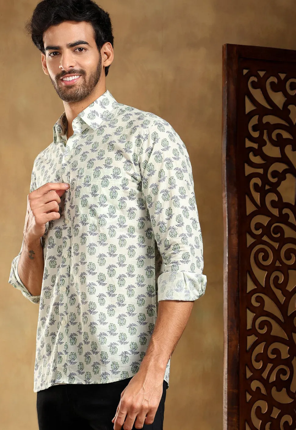 Block Printed Cotton Shirt in Off White