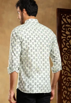 Block Printed Cotton Shirt in Off White