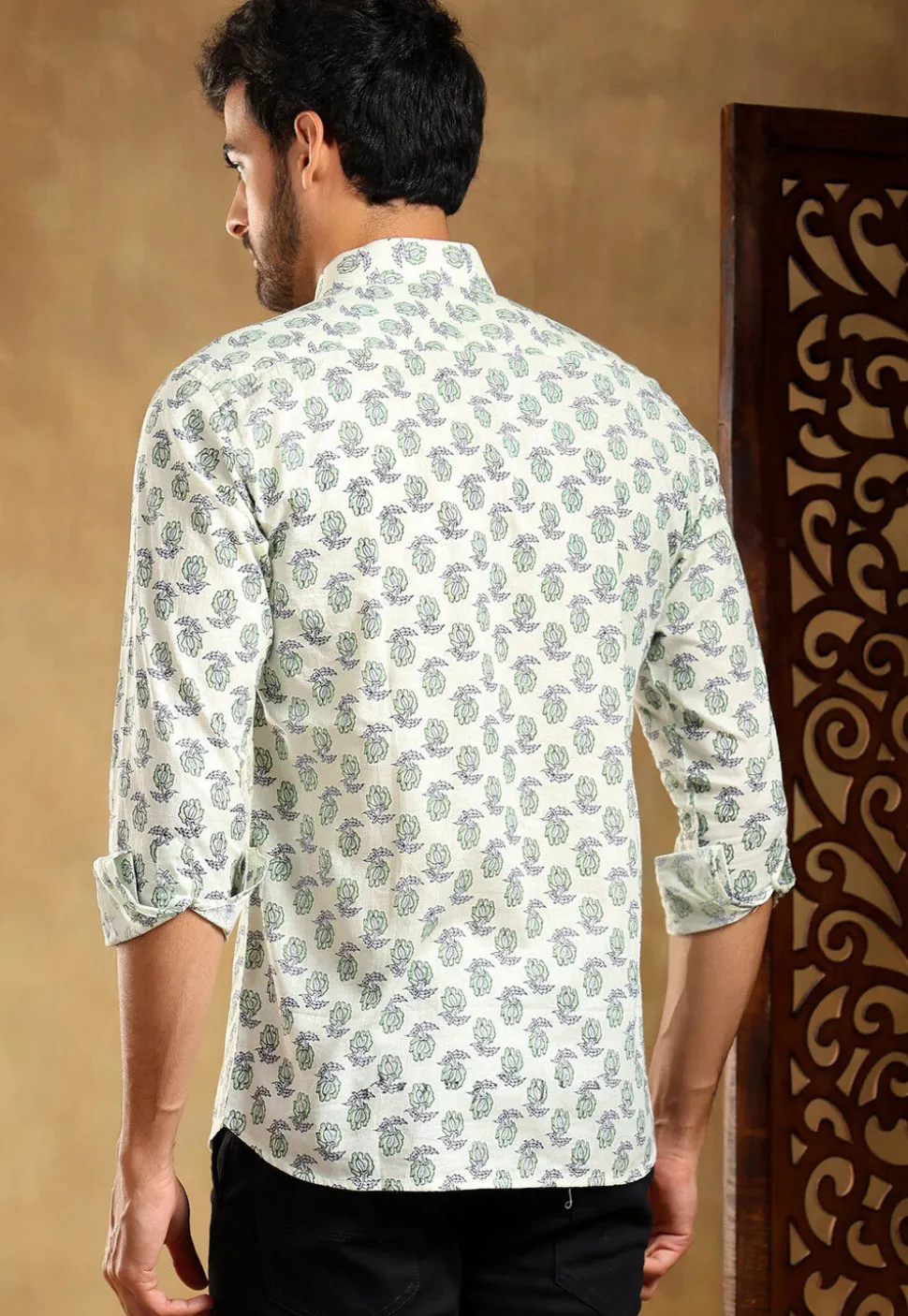 Block Printed Cotton Shirt in Off White