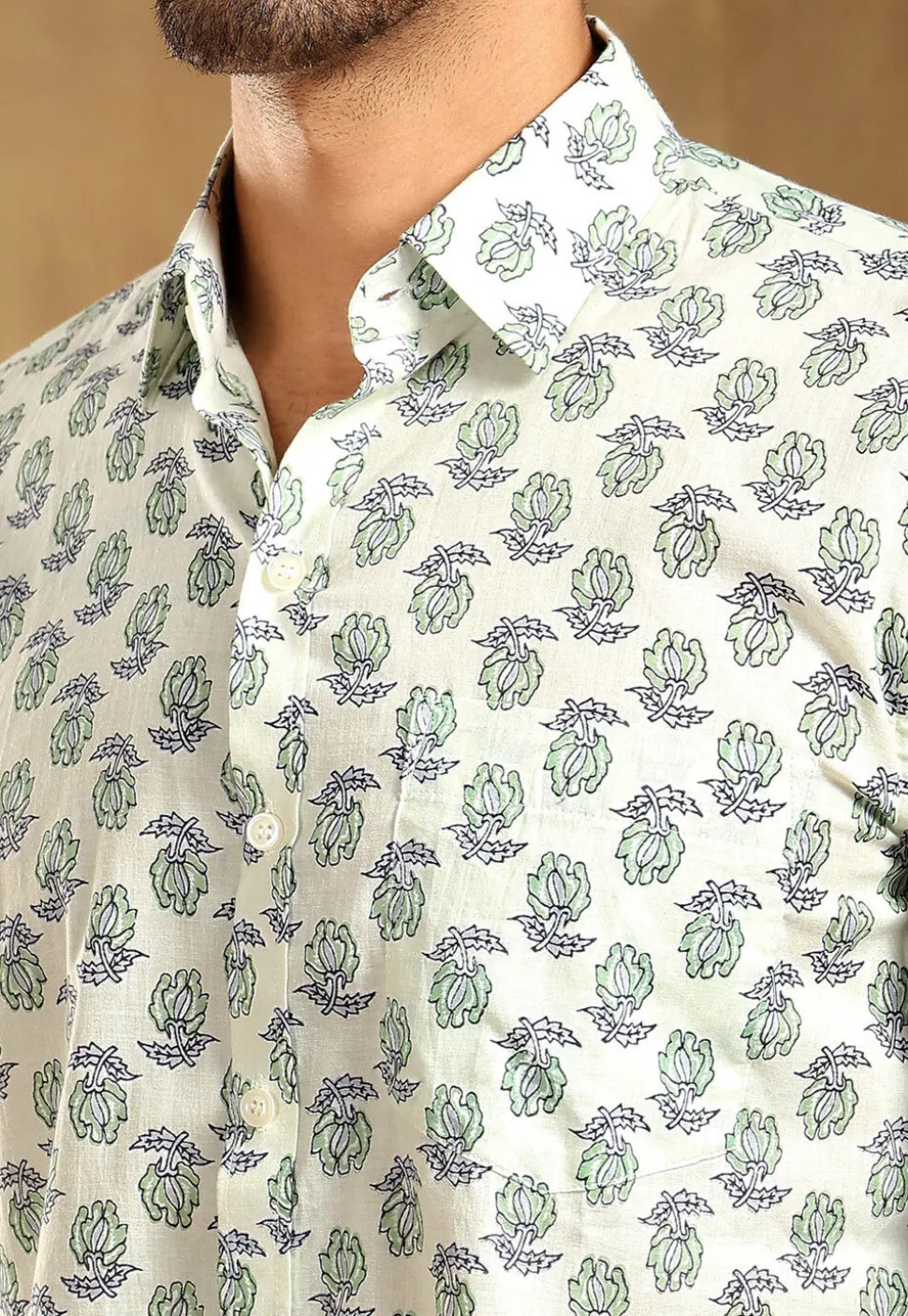 Block Printed Cotton Shirt in Off White
