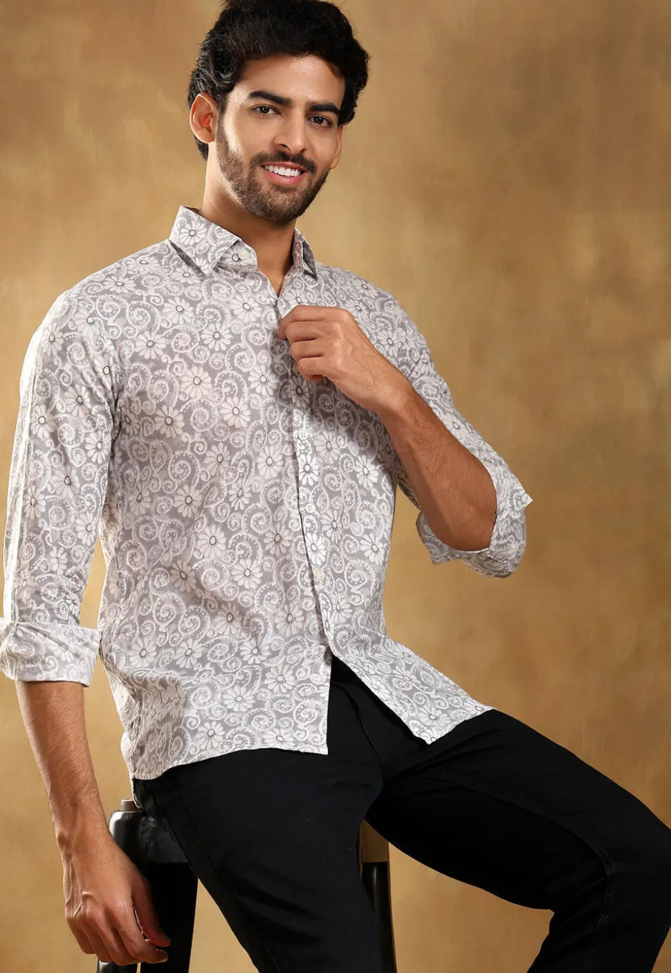 Block Printed Cotton Shirt in Light Grey