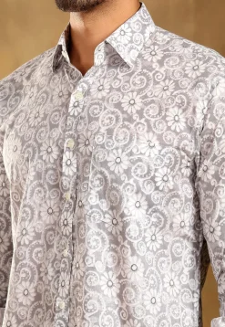Block Printed Cotton Shirt in Light Grey