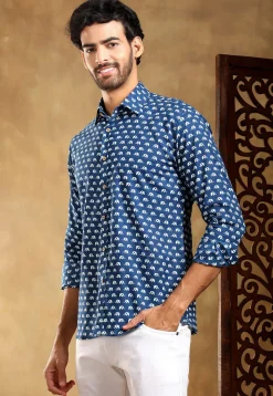 Block Printed Cotton Shirt in Navy Blue