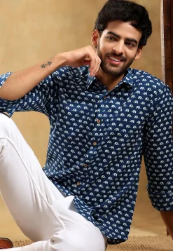 Block Printed Cotton Shirt in Navy Blue