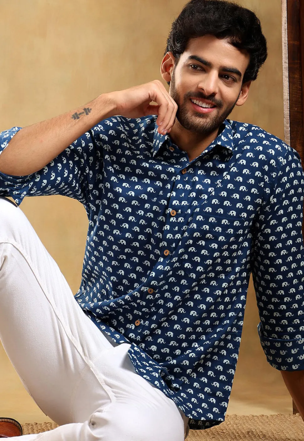 Block Printed Cotton Shirt in Navy Blue