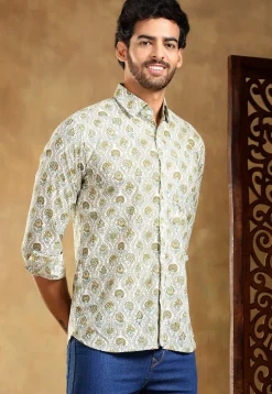 Block Printed Cotton Shirt in Off White