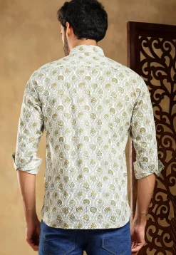 Block Printed Cotton Shirt in Off White