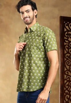 Block Printed Cotton Shirt in Olive Green