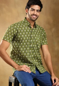 Block Printed Cotton Shirt in Olive Green