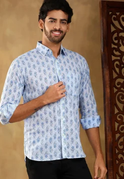 Block Printed Cotton Shirt in Pastel Blue