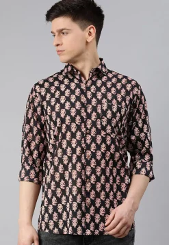 Block Printed Cotton Shirt in Black