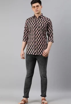 Block Printed Cotton Shirt in Black