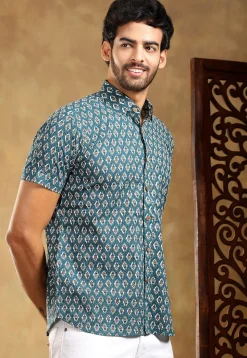 Block Printed Cotton Shirt in Teal Blue