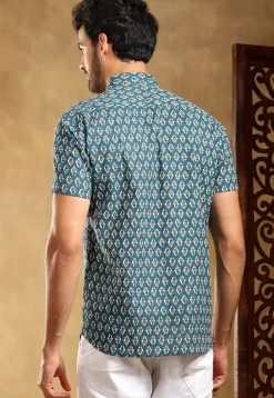 Block Printed Cotton Shirt in Teal Blue