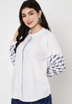 Block Printed Cotton Shirt in Off White