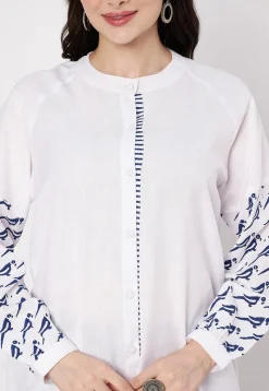 Block Printed Cotton Shirt in Off White