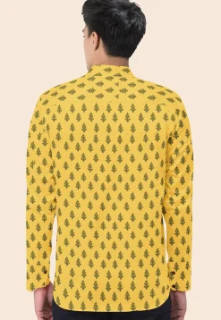 Block Printed Cotton Short Kurta in Yellow