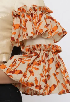 Block Printed Cotton Silk Blouse in Beige and Orange