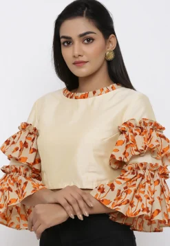 Block Printed Cotton Silk Blouse in Beige and Orange