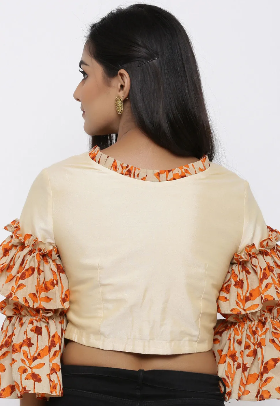 Block Printed Cotton Silk Blouse in Beige and Orange