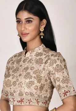 Block Printed Cotton Silk Blouse in Beige