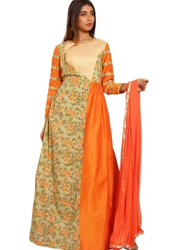 Block Printed Cotton Silk Abaya Style Suit in Orange and Green
