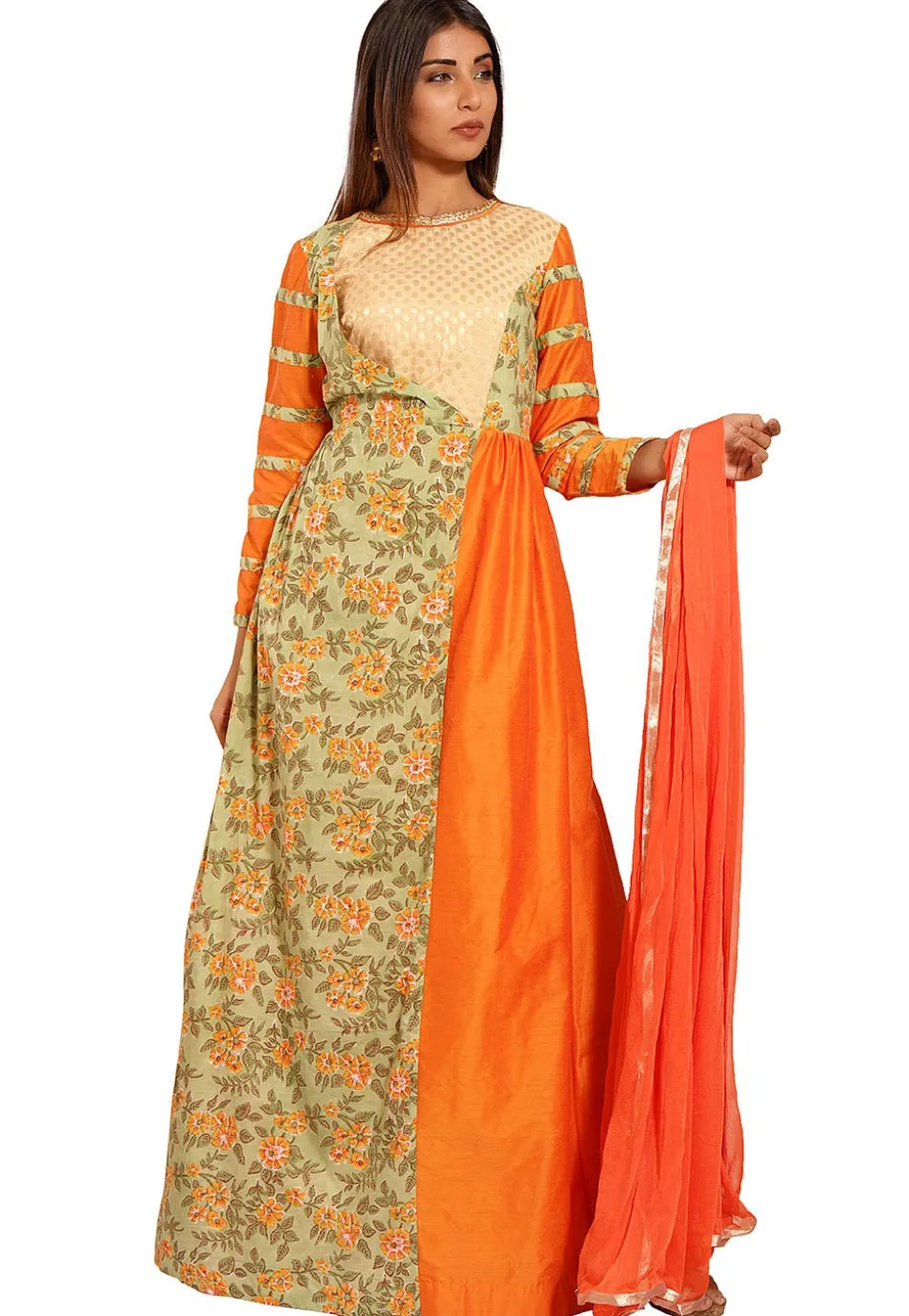 Block Printed Cotton Silk Abaya Style Suit in Orange and Green