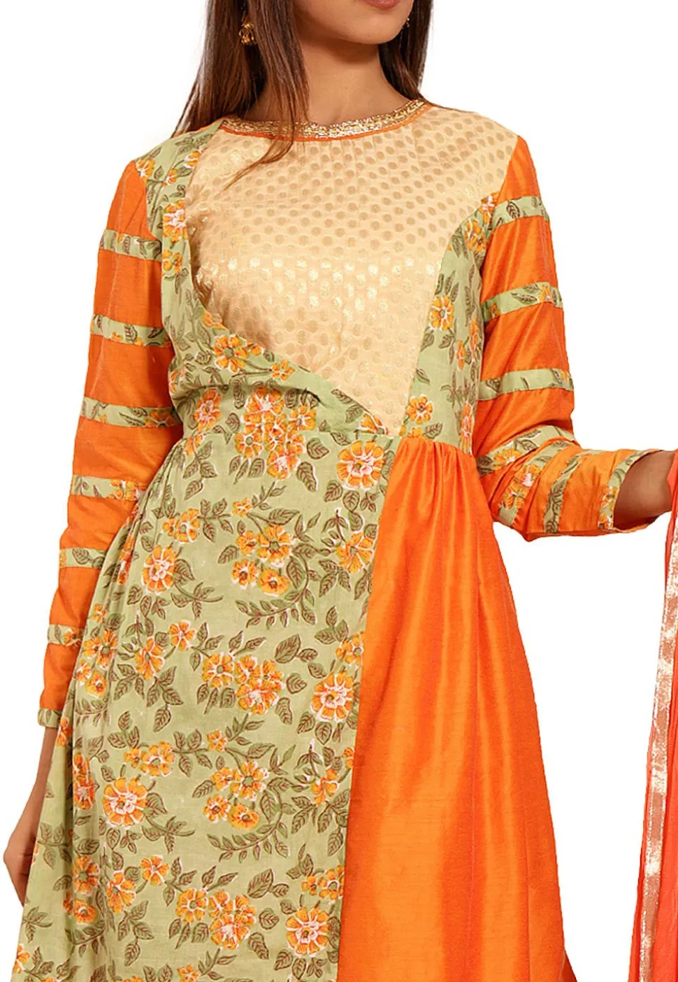 Block Printed Cotton Silk Abaya Style Suit in Orange and Green