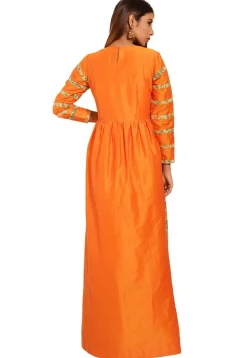 Block Printed Cotton Silk Abaya Style Suit in Orange and Green