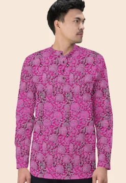 Block Printed Cotton Silk Short Kurta in Magenta