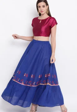 Block Printed Cotton Skirt in Dark Blue