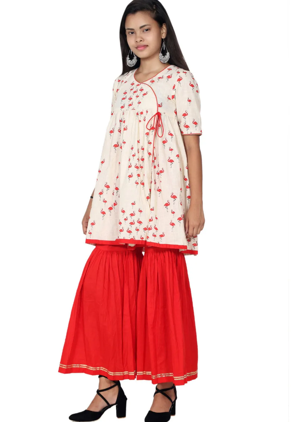 Block Printed Cotton Slub Angrakha Style Kurta Set in Off White
