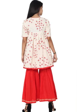 Block Printed Cotton Slub Angrakha Style Kurta Set in Off White