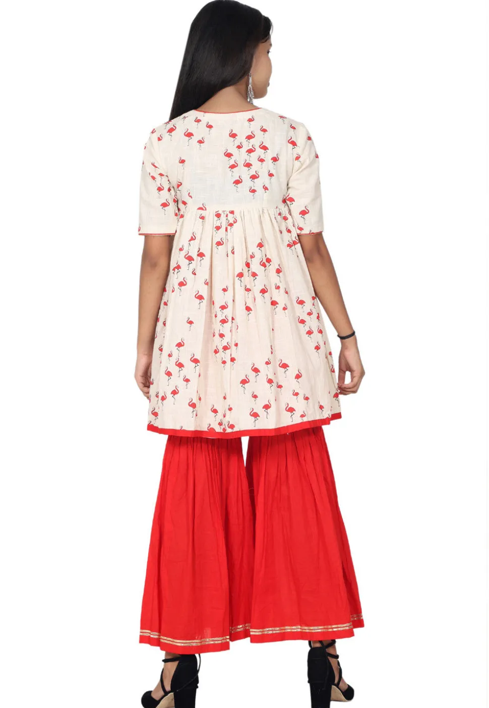 Block Printed Cotton Slub Angrakha Style Kurta Set in Off White