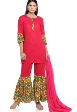 Block Printed Cotton Slub Pakistani Suit in Fuchsia