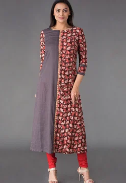 Block Printed Cotton Slub A Line Kurta in Grey and Rust