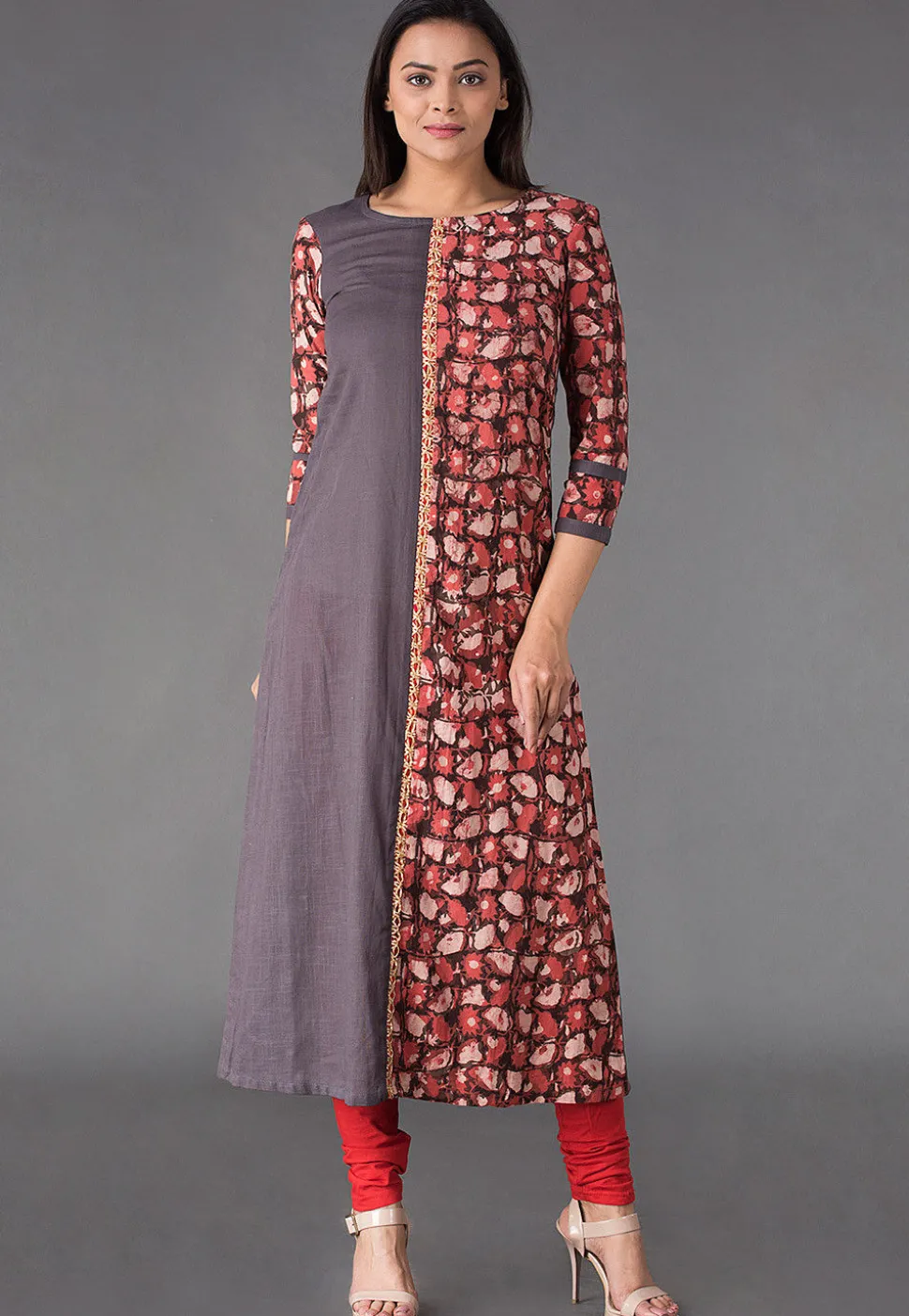 Block Printed Cotton Slub A Line Kurta in Grey and Rust