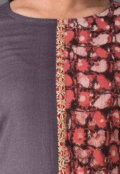 Block Printed Cotton Slub A Line Kurta in Grey and Rust