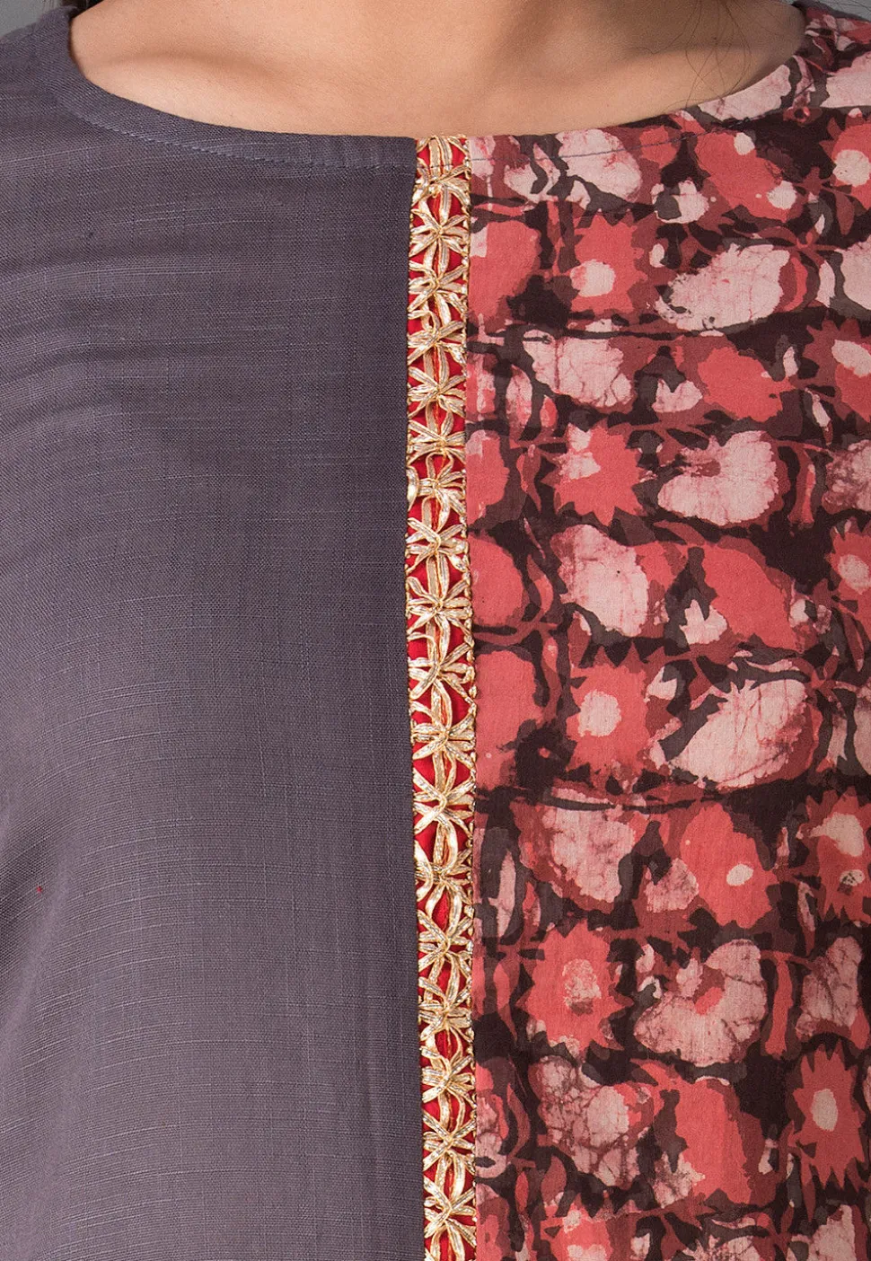 Block Printed Cotton Slub A Line Kurta in Grey and Rust