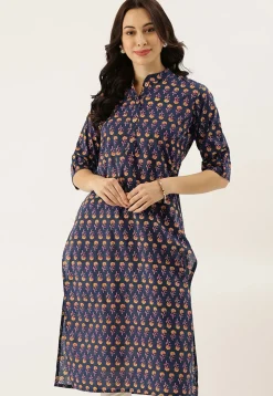 Block Printed Cotton Straight Kurta in Navy Blue