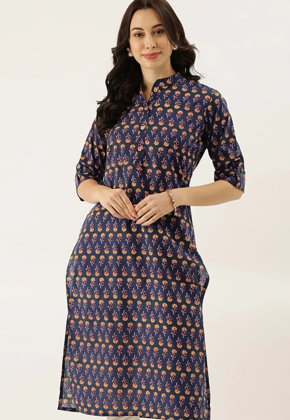 Block Printed Cotton Straight Kurta in Navy Blue