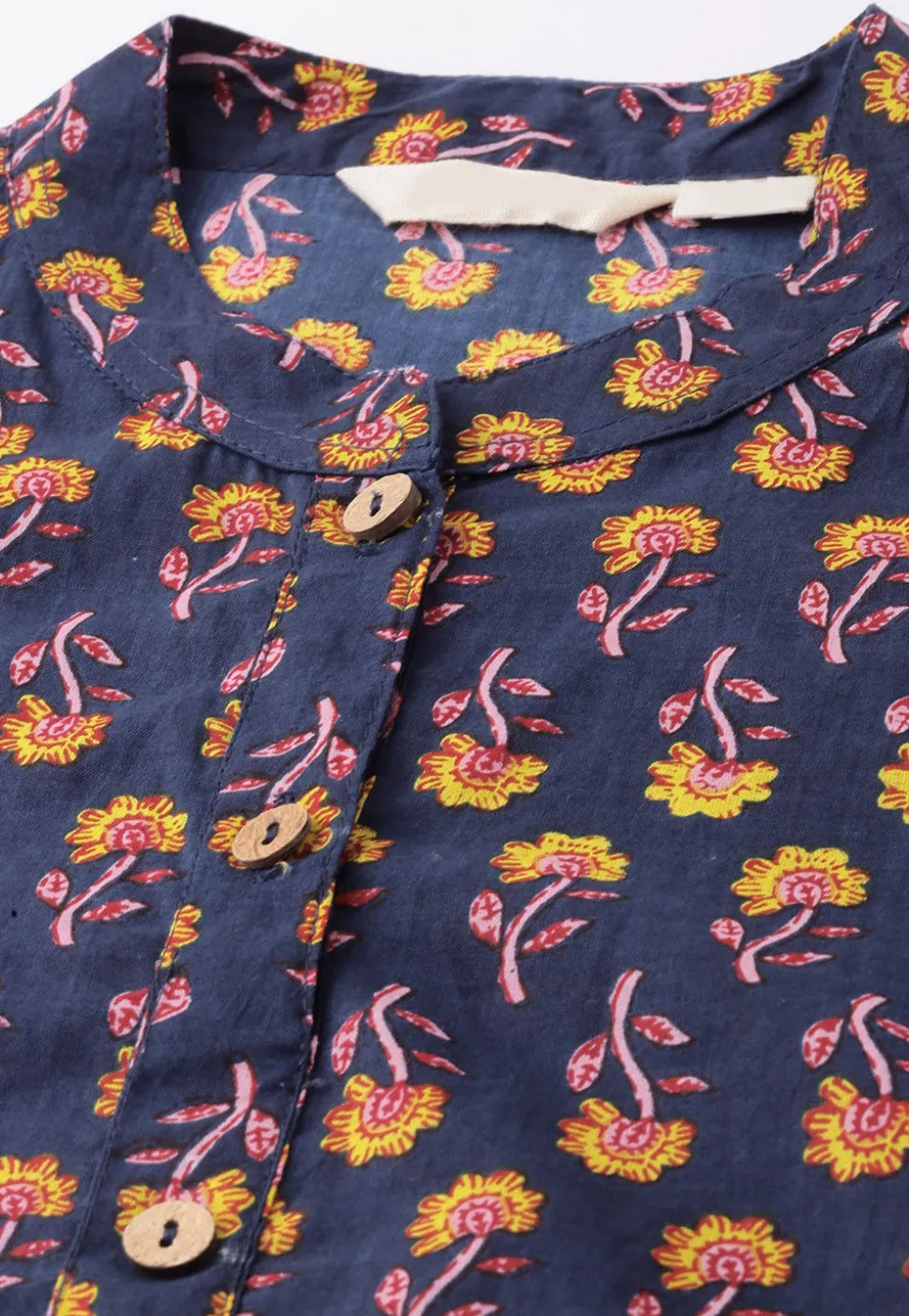 Block Printed Cotton Straight Kurta in Navy Blue