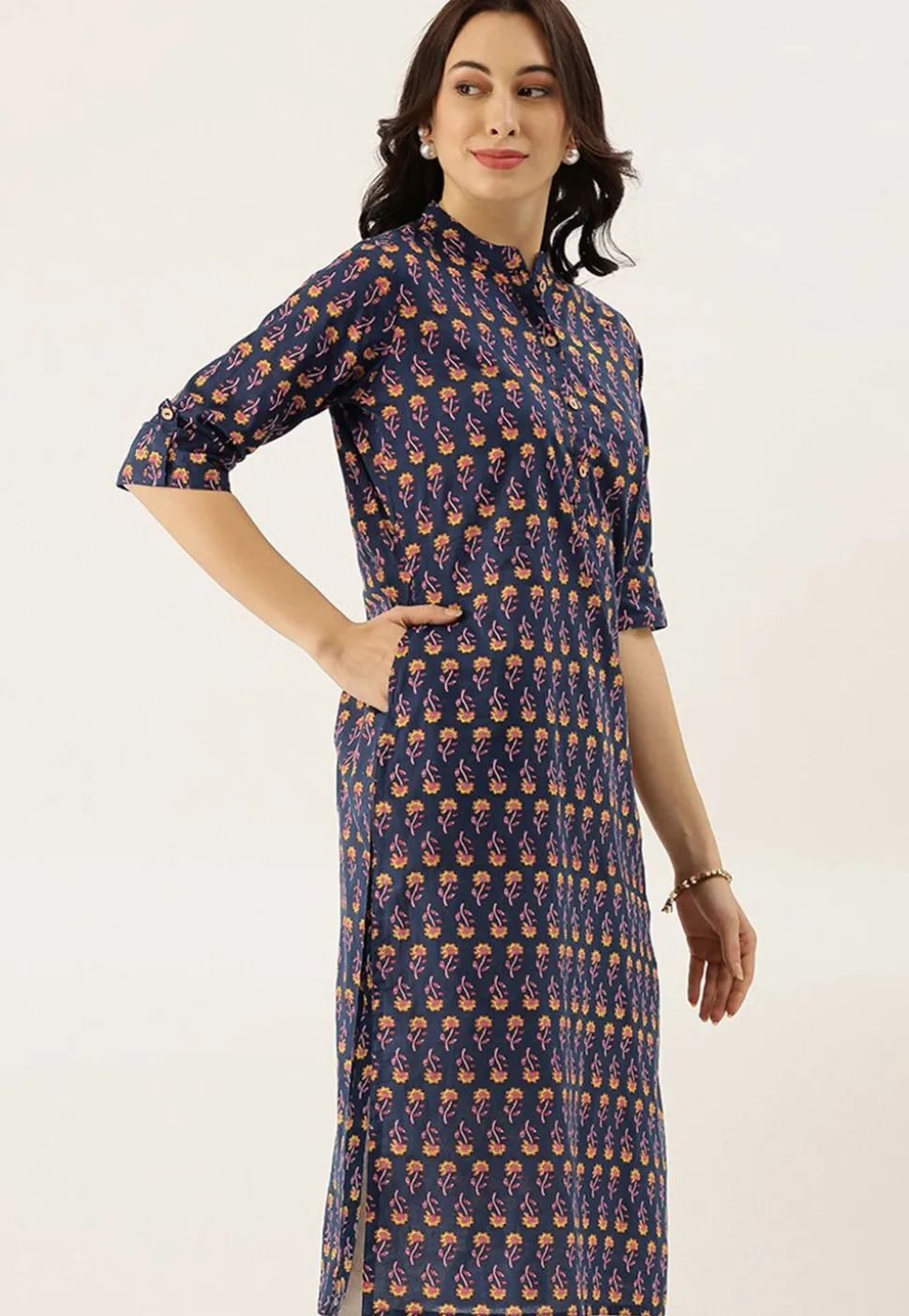 Block Printed Cotton Straight Kurta in Navy Blue