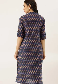 Block Printed Cotton Straight Kurta in Navy Blue