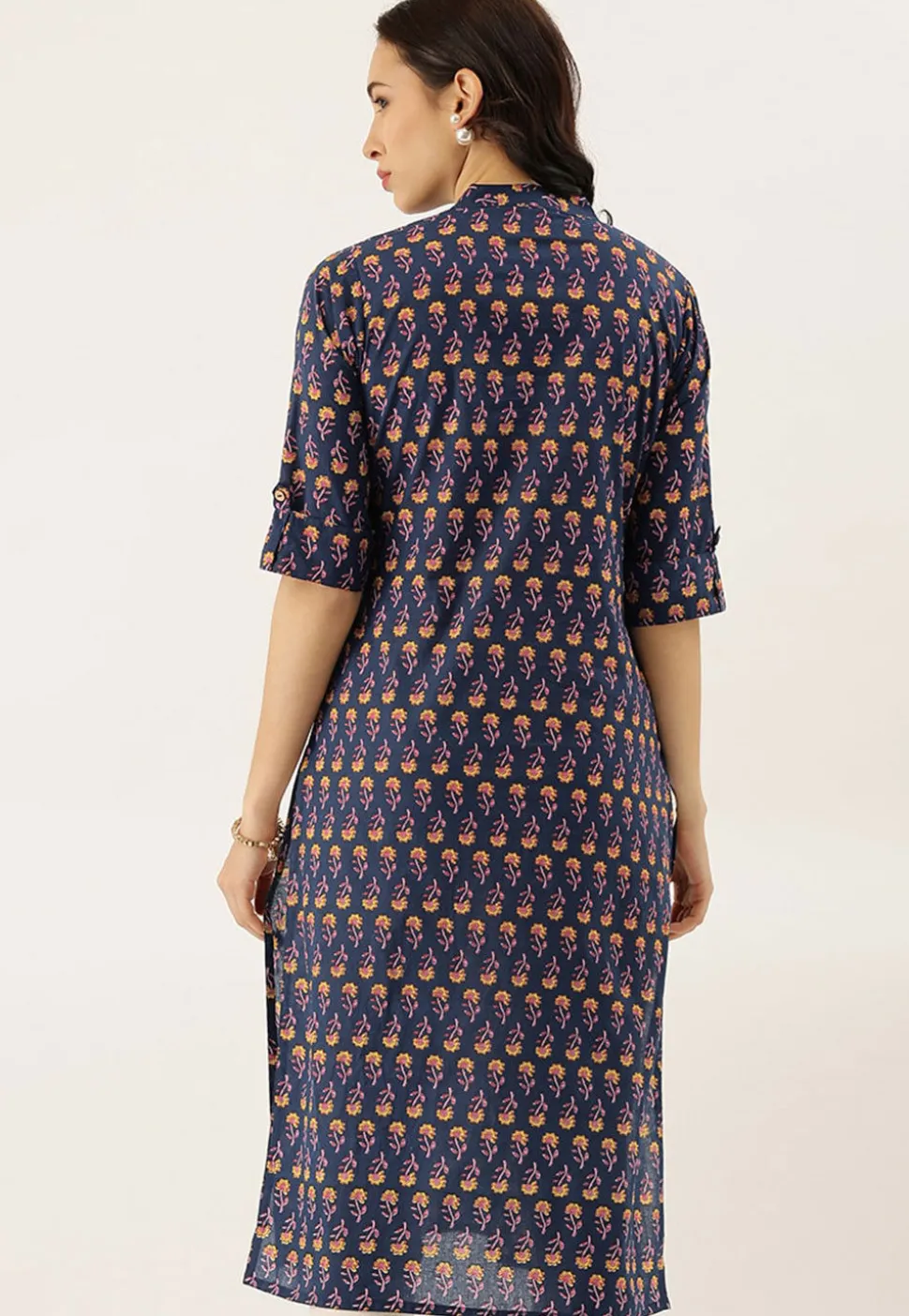 Block Printed Cotton Straight Kurta in Navy Blue