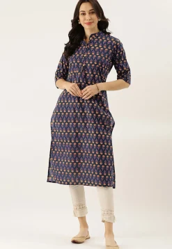 Block Printed Cotton Straight Kurta in Navy Blue