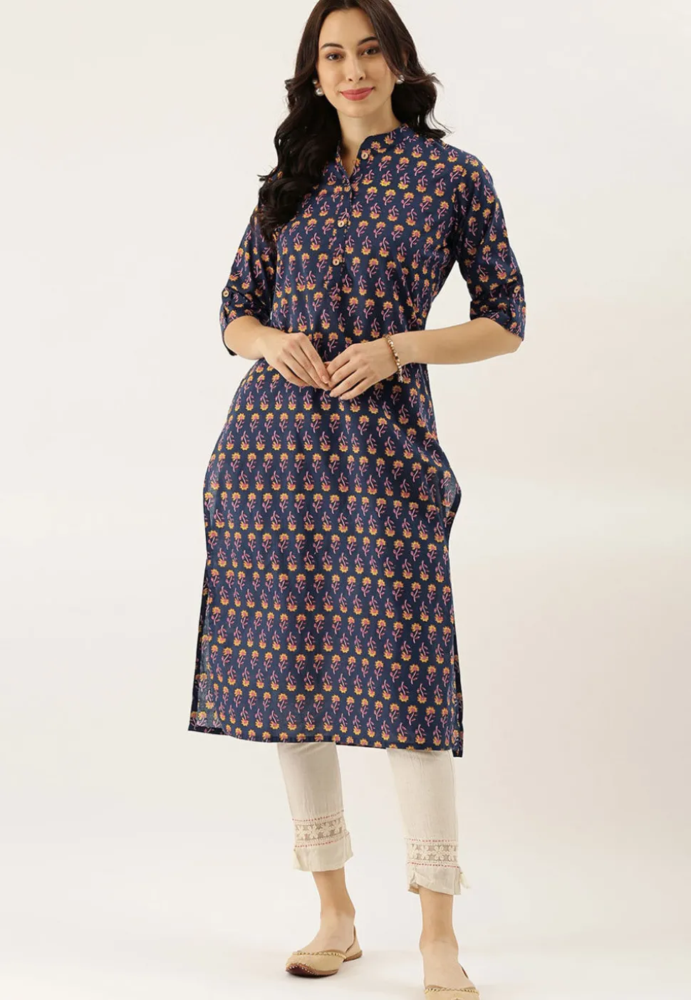 Block Printed Cotton Straight Kurta in Navy Blue