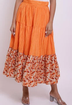 Block Printed Cotton Tiered Skirt in Orange and Beige