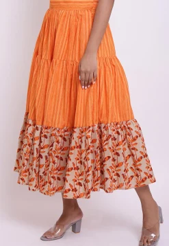 Block Printed Cotton Tiered Skirt in Orange and Beige